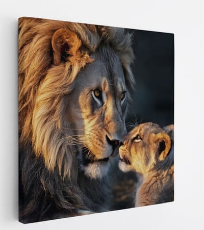 Saammp Canvas Schilderij - Leeuw met welp - Liefdevol - Dieren - Natuur - 20x20 - Foto op canvas - Wanddecoratie - Muurdecoratie Woonkamer - Slaapkamer decoratie - Canvas Print