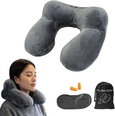 Opblaasbaar reiskussen voor vliegtuig, draagbaar nekkussen met oogmasker, oordopjes en opbergtas, donkergrijs, voor - ShopVlot