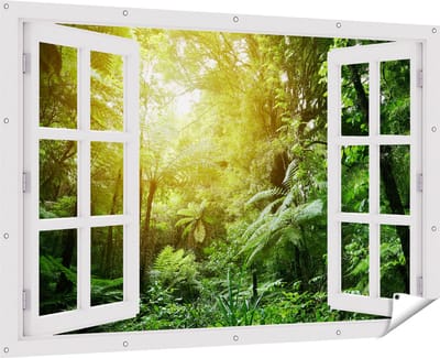 Gards Tuinposter Doorkijk Tropische Jungle met Zonneschijn - 180x120 cm - Tuindoek - Tuindecoratie - Wanddecoratie buiten - Tuinschilderij