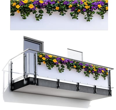 Balkonscherm 300x95 cm - Balkonposter Bloemen - Muur - Geel - Paars - Balkon scherm decoratie - Balkonschermen - Balkondoek zonnescherm