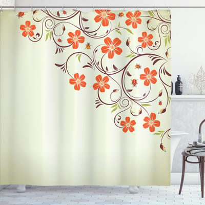 ABAKUHAUS Badkamer douchegordijn – Bloemenontwerp, 175 × 240 cm – Bleekgroen/rood, 100% polyester, 12 haken