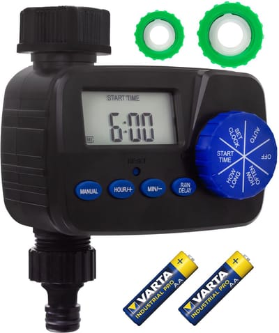 GreenBlue - Elektronische besproeiingscontroller - irrigatiesysteem met AA-batterij - programmeerapparaat, voeding 2x1,5V AA, GB390