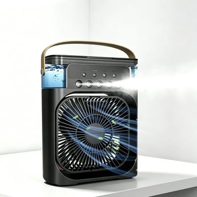 Draagbare ventilator - 4-in-1 - met luchtkoelingsfunctie - 3 ventilatorsnelheden - Ventilator - Luchtbevochtiger - Aromatherapie - LED-verlichting - Ventilator voor thuis - Bureauventilator - Zwart