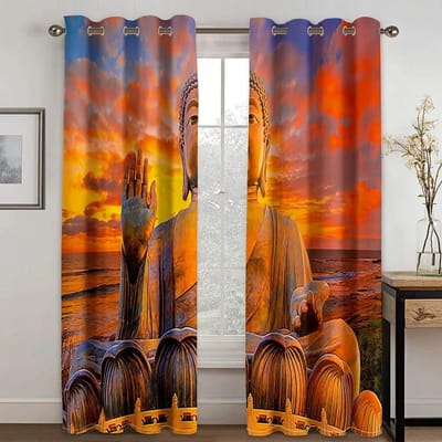 Statue de Bouddha Indien en Pierre Zen Lotus Pas Cher 2 Pièces Légère Fenêtre Couvertures de Fenêtre pour Salon Chambre à Coucher Décor Deux Rideaux W60H60(CM)x2pcs&HOOK