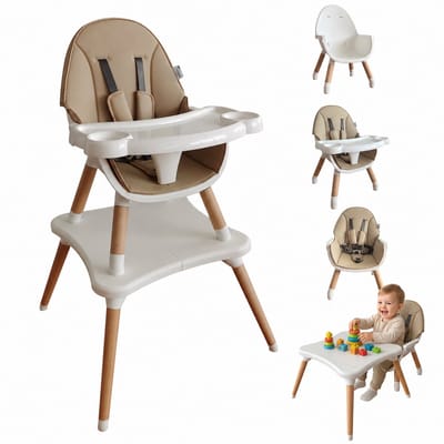 ComfyKidz® Luxe 5 in 1 Kinderstoel met Speeltafelfunctie - Meegroeistoel met Beukenhouten Poten - Baby Eetstoel - Peuterstoel - Wit/Bruin