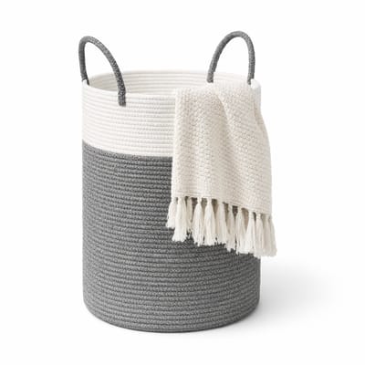 Wasmand van gevlochten katoenen touw met handgrepen, grote opbergmand voor speelgoed in de kinderkamer, dekens in de woonkamer, D 35 x H 50 cm, wit en grijs