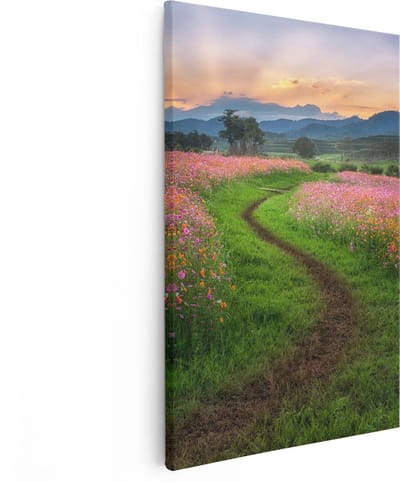 Artaza Canvas Schilderij Bloemenveld - 40x60 cm - Wanddecoratie Bloemen - Muurdecoratie Bloemenpad - Decoratie Zonsondergang