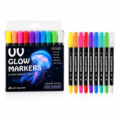 Lichtgevende markers op waterbasis - 18 kleuren, 9 stuks - fluorescerend effect - ronde punt voor doodles - pet-verpakking
