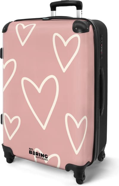 NoBoringSuitcases.com® - Koffer groot - Rolkoffer lichtgewicht met slot - Roze met witte hartjes - Reiskoffer met 4 wielen - Suitcase large - Grote trolley XL - 20 kg bagage