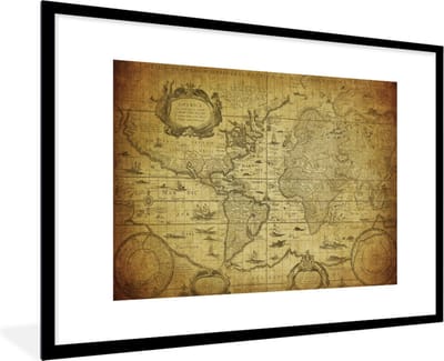 Poster in lijst - Fotolijst 90x60 cm - Posters - Wereldkaart - Vintage - Geschiedenis - Kinderen - Jongens - Meisjes - Posterlijst zwart - Decoratie - Wanddecoratie woonkamer - Muurdecoratie slaapkamer