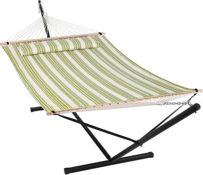 Draagbare Hangmat - Tweepersoons Hangmat - Ontspannen Buiten - Inclusief Standaard - 215 kg Capaciteit - Groene Streep