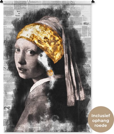 Wandkleed - Wanddoek - Meisje met de parel - Johannes Vermeer - Krant - Goud - 120x180 cm - Wandtapijt