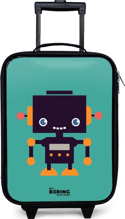NoBoringSuitcases.com® - Kinderkoffer jongen - Kindertrolley meisje - Groene robot - Koffer kind lichtgewicht - Reiskoffer trolley voor kinderen - Koffertje met lichtgevende wieltjes - Rolkoffer zwart