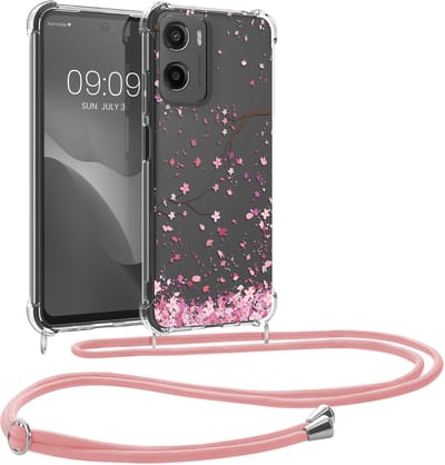 kwmobile telefoonhoesje geschikt voor Motorola Moto G05 / Moto E15 - Hoesje met telefoonkoord - Back cover voor smartphone - Case in poederroze / donkerbruin / transparant