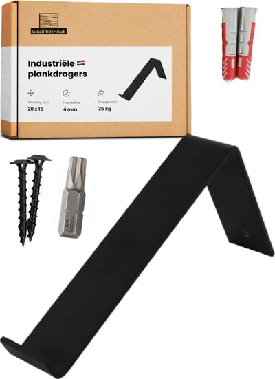 GoudmetHout® Industriële Plankdragers L-vorm - 20 cm - Stalen Plankdrager voor Wandschap, Muurrek of Wandconsole - Max 25 kg - 1 stuk - Mat Zwart