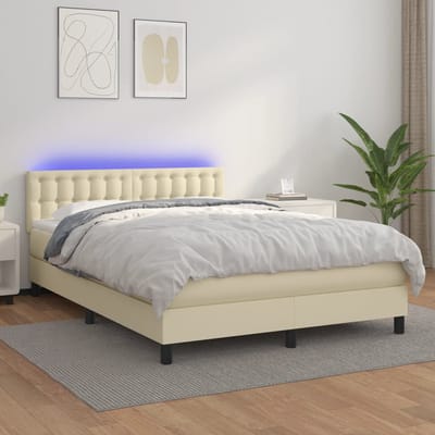 vidaXL - Boxspring - met - matras - en - LED - kunstleer - crèmekleurig - 140x190 - cm