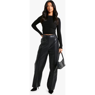 boohoo Dames Petite Straight Leg Nep Leren Broek | Black | Maat: 6/26L