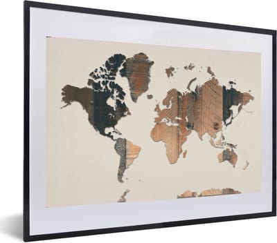 Poster in lijst - Fotolijst 60x40 cm - Posters - Wereldkaart - Houten - Beige - Posterlijst zwart - Decoratie - Wanddecoratie woonkamer - Muurdecoratie slaapkamer