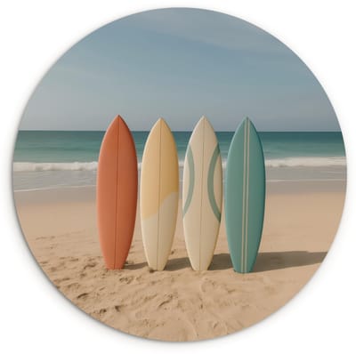 WallCircle® Wandcirkel 120x120 cm - Muurcirkel Strand - Surfbord - Pastel - Muurdecoratie woonkamer - Wanddecoratie slaapkamer - Kamer decoratie accessoires - Ronde schilderijen XXL