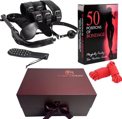 Intiem Cadeau - Koppeldoos - BDSM - BDSM Set compleet - Inclusief spel - zweep - spanking - bondage touw - halsband - mondbalhandboeien - enkelboeien - masker