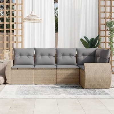 Luxe 5-Delige Polyrotan Tuinmeubelset met Kussens – Beige/Grijs – Modulaire Loungeset voor Balkon, Terras & Tuin – Weerbestendig en Comfortabel IndustroHome