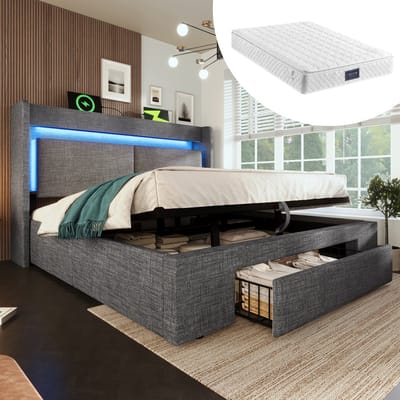 DESMIU Gestoffeerd Bed 140x200cm - Bed Met LED Verlichting, USB En USB-C - Hydraulische Opbergruimte Met Lade - Voor Slaapkamer - Linnen - Grijs - Met Matras