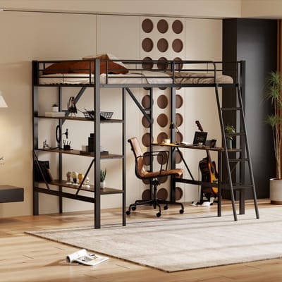 Hoogslaper - 90x200 cm - Met Bureau En 3 Opbergplanken - Zonder Matras - Metaal - Zwart