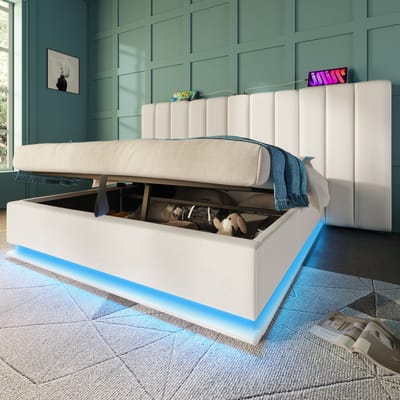 REDOM Gestoffeerd Bed 160x200 cm – PU Wit – 360° LED (App & Muziekmodus) – 3x USB + Type-C (20W) – Hydraulische Opbergruimte – 200 kg