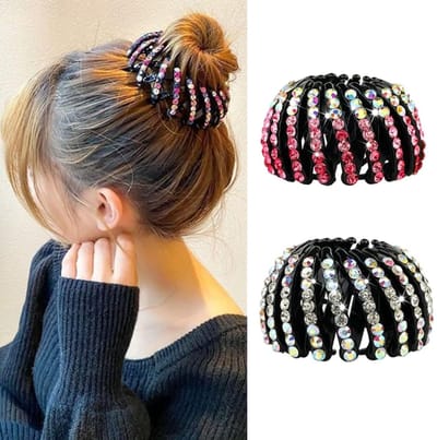 Dailygoods - Dameshaarclips, Kristallen Haarclips, Vogelnest Haarclips, Intrekbare Paardenstaart Haarclips, Set Van 2 Haarclipaccessoires Voor Dames, Accessoires Voor Dates En Werk (Roze, Wit)