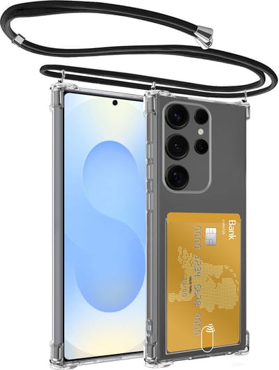 Hoesje Geschikt voor Samsung S25 Ultra Hoesje Met Telefoonkoord en Pasjeshouder Siliconen - Hoes Geschikt voor Samsung Galaxy S25 Ultra Hoesje Met Kaarthouder Shock Proof Case - Transparant