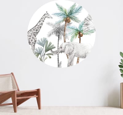 Muurcirkel zelfklevend behang - Wilde dieren schets - Wanddecoratie - 080cm behangcirkel - Ronde sticker voor aan de muur - Behangsticker verkrijgbaar in verschillende formaten