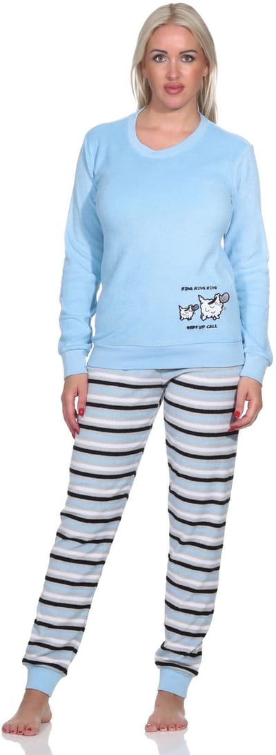 Dames badstof pyjama, broek gestreept, top met schattig dierenmotief - ook in oversize