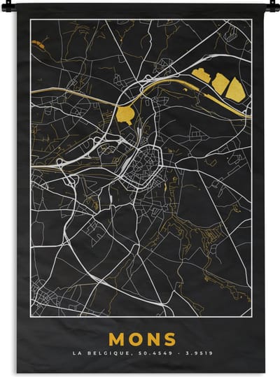 Wandkleed - Wanddoek - Mons - Black & gold - Stadskaart - Plattegrond - Kaart - 120x180 cm - Wandtapijt