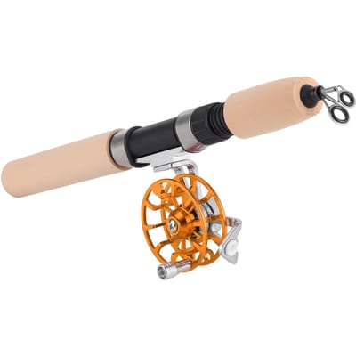 Canne à pêche télescopique 26 pouces avec moulinet Ensemble Portable Extérieur Hiver Pêche sur glace Matériel beige