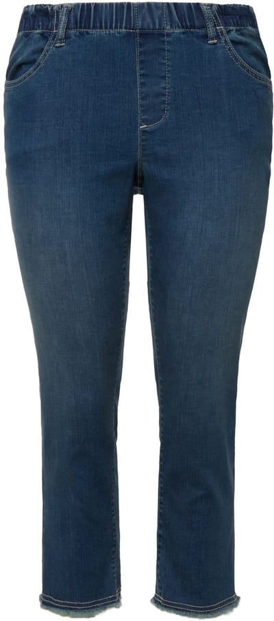 Ulla Popken - Dames - 7/8-capri-jeans Sienna gerafelde zoom smalle pijpen - Blauw denim - Maat 60