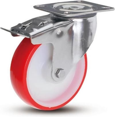 PU RVS zwenkwiel geremd met topplaat - 100mm - 180kg