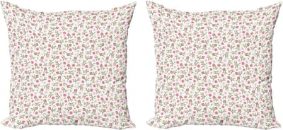 ABAKUHAUS Decoratieve kussenhoezen met bloemenprint, 2 stuks, Rozen en knoppen van bovenaf gezi 60x60 cm, Wit Roze