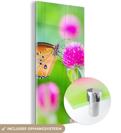 MuchoWow® Glasschilderij 20x40 cm - Schilderij acrylglas - Landelijk - Vlinder - Distel - Bloem - Foto op glas - Schilderijen