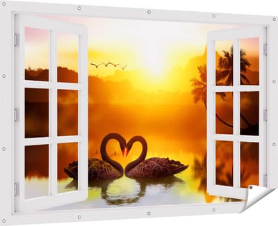 Gards Tuinposter Doorkijk Twee Zwarte Zwanen in een Hart Vorm - 180x120 cm - Tuindoek - Tuindecoratie - Wanddecoratie buiten - Tuinschilderij
