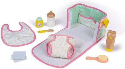 Luiertas voor Poppen - Houten en Stoffen Speelgoed met Luiertafel - Inclusief 8 Accessoires - Geschikt voor Kinderen vanaf 2 Jaar