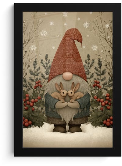 Poster in lijst - Fotolijst 20x30 cm - Posters - Kerstgnome - Konijntjes - Kleurrijk - Posterlijst zwart - Decoratie - Wanddecoratie woonkamer - Muurdecoratie slaapkamer - Kerstversiering - Kerstdecoratie voor binnen - Kerstmis
