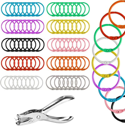 80 Stuks Metalen Bindringen, 30mm Ringen voor Losbladige Documenten, Multicolor Ringbanden voor Scrapbook Fotoalbum Knutselen, Inclusief 1 x Perforator
