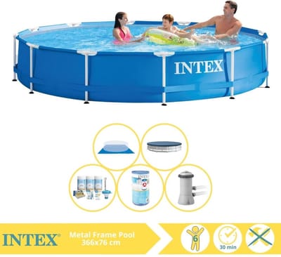 Intex Rond Frame Zwembad - 366 x 76 cm - Blauw - Inclusief Afdekzeil - Onderhoudspakket - Zwembadfilterpomp - Filter - Grondzeil - 6-delig