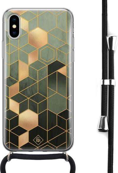 Casimoda® hoesje met koord - Geschikt voor iPhone Xs - Kubus Groen - Afneembaar koord - Siliconen/TPU - Groen