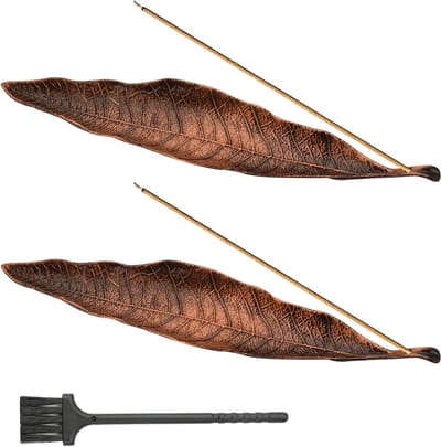 Varilla-houders voor wierook in bladvorm, metalen wierookhouder met mini-bezem voor thuis, kantoor, yoga en meditatie, 21 cm, decoratie en aromatherapie