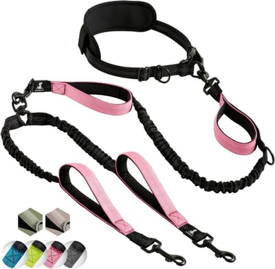 Handsfree dubbele hondenriem voor 2 honden - Gewatteerde handgrepen, reflecterende steken, geen trek