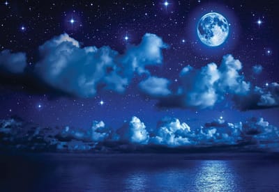 Fotobehang Sky Moon Clouds Stars Night Sea  | XL - 208cm x 146cm | 130g/m2 Vlies