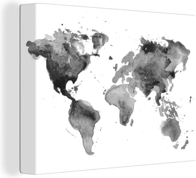 Canvas Wereldkaart - 120x90 - Wanddecoratie Wereldkaart - Aquarel - Zwart