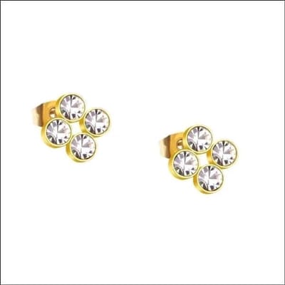 Aramat Jewels | Oorbellen | Stalen Oorbellen met Vier Zirkonia Steentjes | Goudkleurig / Transparant | |8mm | Staal | Kinderen, Volwassenen | Verkleurd niet