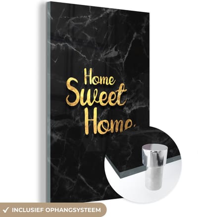 MuchoWow® Glasschilderij 40x60 cm - Schilderij acrylglas - Quote - Home - Marmer - Goud - Foto op glas - Schilderijen